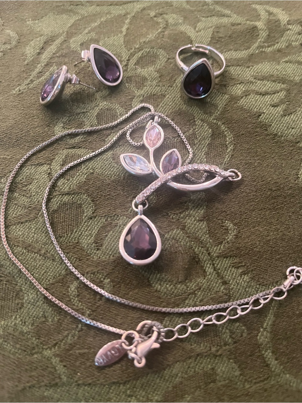Purple Teardrop Silver Necklace, Ring and Earring Set